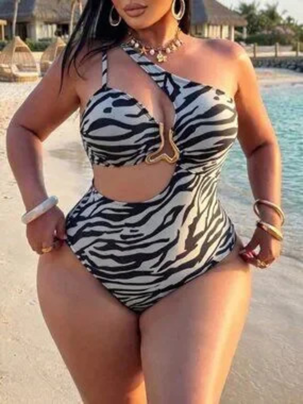 Multicolor Asymmetrical zebra One-Shoulder Women's Plus-Size Cutout Swimsuit